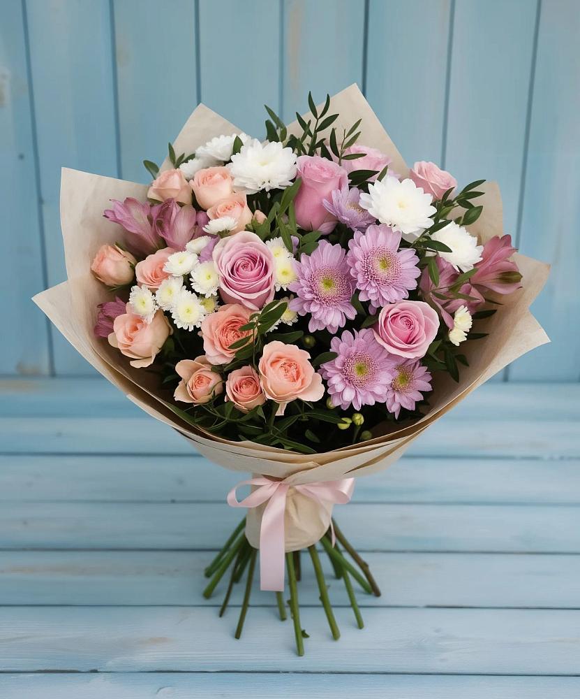Букет цветов из: Хризантемы, Розы и Альстромерии в Приморье