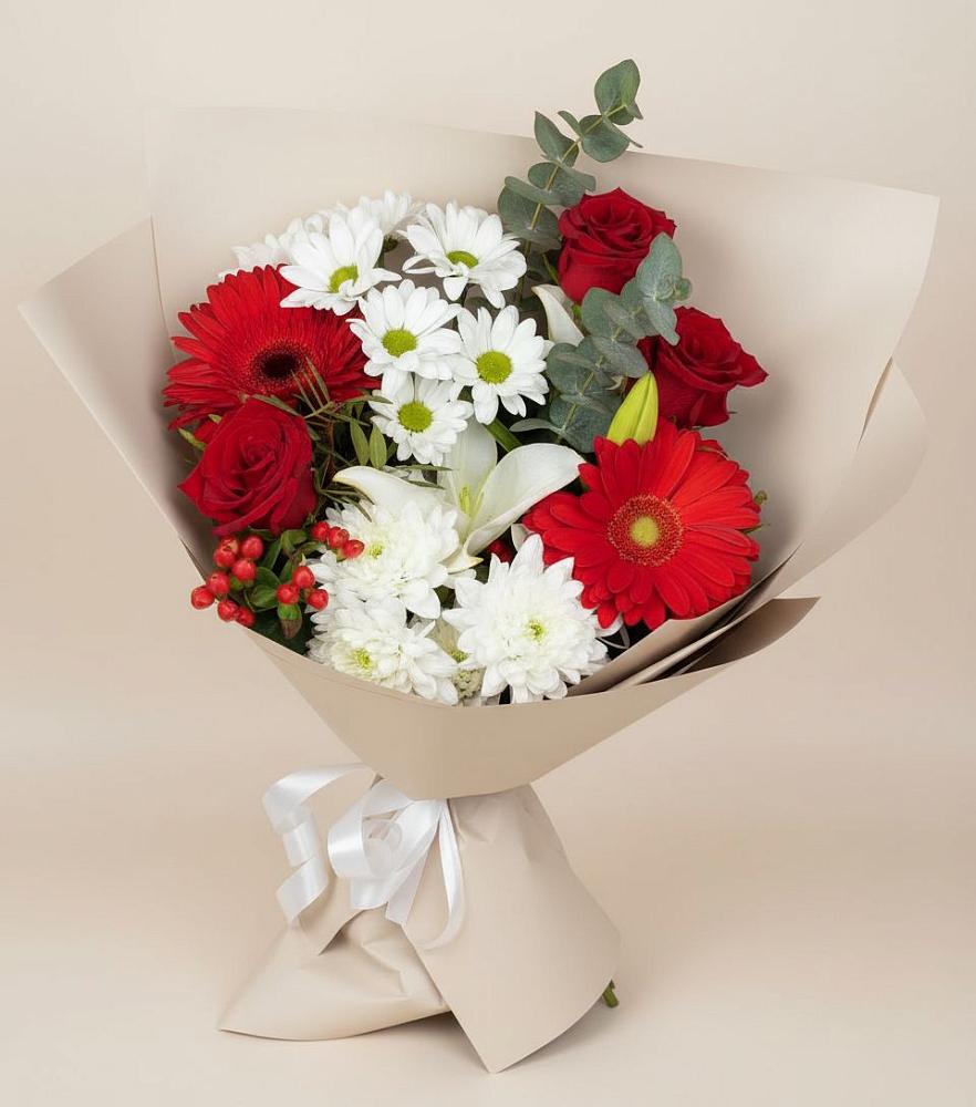 Букет цветов из: Розы, Хризантемы, Герберы и Лилии в Приморье