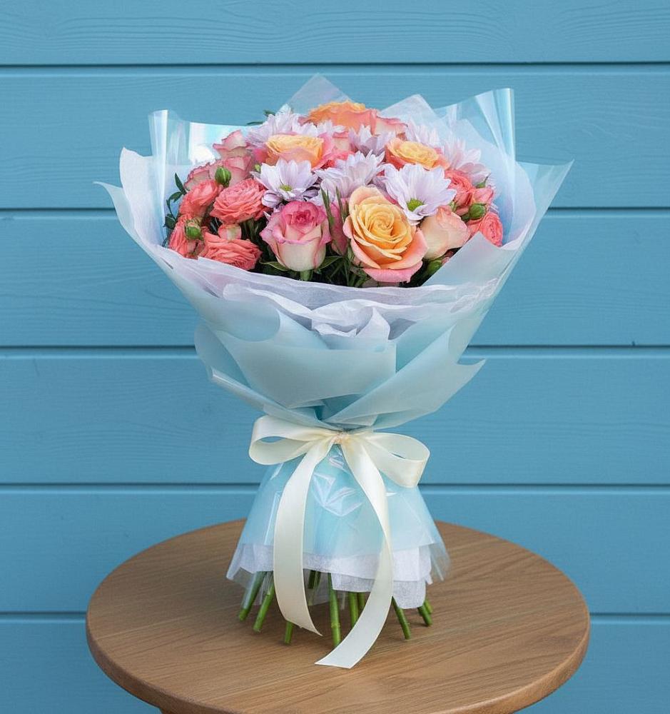 Букет цветов из: Хризантемы и Розы в Приморье